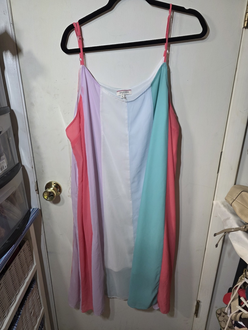 Andree’ midi dress colorful wide pastel vertical stripes spaghetti straps SZ 1X